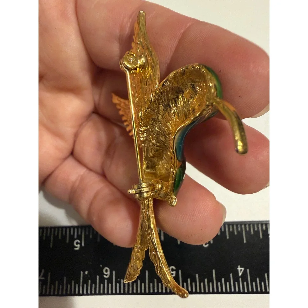 Vintage Hummingbird‎ Brooch Gold Tone Green Blue Enamel Bird Pin Rhinestone Eye